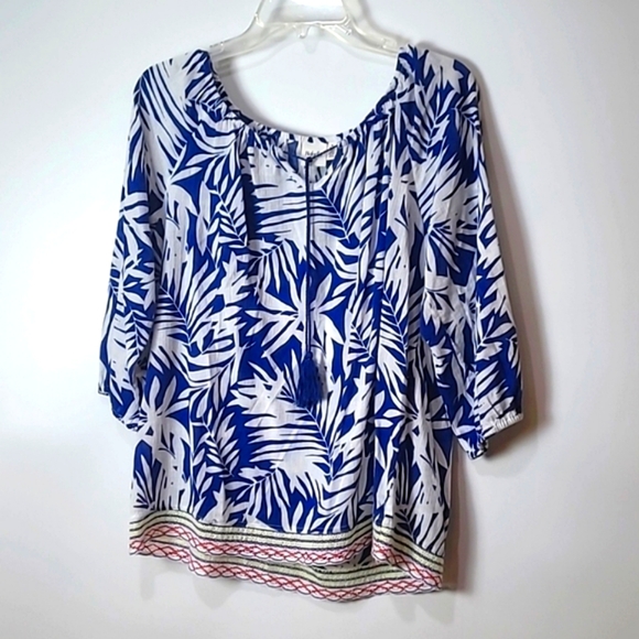 🟢Rafaela Weekend Blue & White Palm Leaf 🍃 Top - Picture 4 of 15